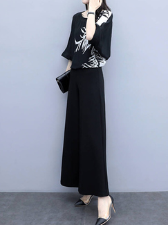 Black and White Two Piece Wide Leg Pants Plus Size Long Sleeves Jumpsuit for Evening Party Office