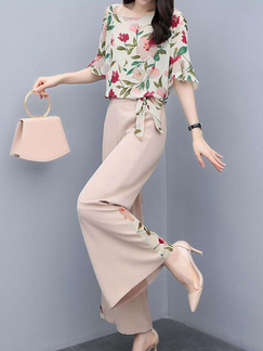 Pink Colorful Two Piece Wide Leg Pants Floral Plus Size Jumpsuit for Casual Party Evening Office