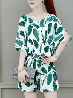 White and Green Two Piece Plus Size Tropical Jumpsuit for Casual Party