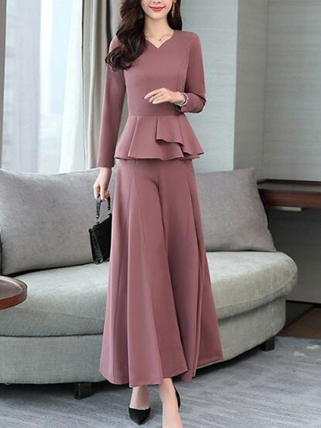 Pink Two Piece Wide Leg Pants Plus Size Long Sleeves Jumpsuit for Party Evening Cocktail Office
