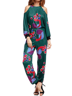 Dark Green Colorful Slim Printed Off-Shoulder Siamese Pants Plus Size Halter Long Sleeve Jumpsuit for Party Evening