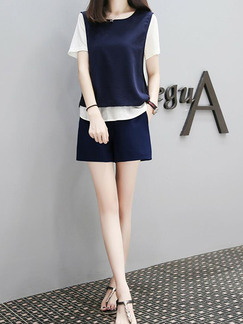 Navy Blue and White Loose Contrast Wide-Leg Three Piece Shorts Jumpsuit for Casual Party