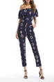 Navy Blue Slim Printed Clack Ruffle Off Shoulders Jumpsuit for Casual Party Office Evening