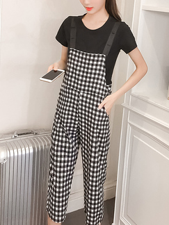 Black and White Slim Plus Size Two-Piece Round Neck Grid Linking Pants Jumpsuit for Casual Party