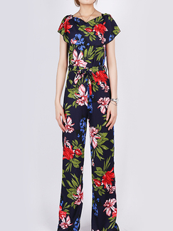 Navy and Colorful Slim Plus Size Round Neck Wide Leg Linking Band Printed Floral Jumpsuit for Casual Party