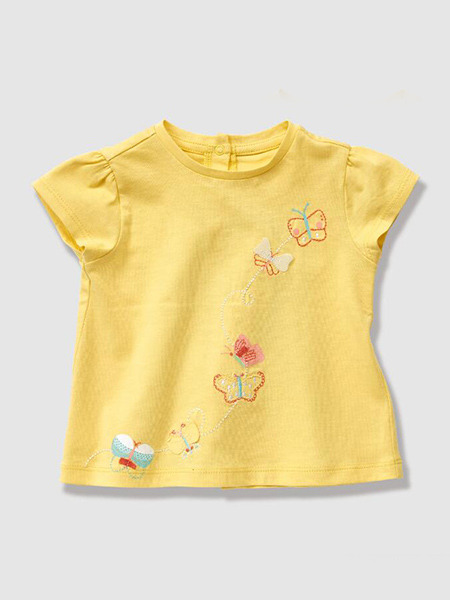 Yellow Knitted Round Neck Butterfly Pattern Bubble Sleeve Embroidery Girl Shirt for Casual