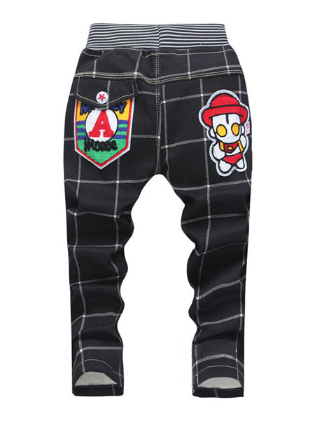 Black Grid Adjustable Stripe Waist Pattern Back Boy Pants for Casual