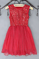 Red Round Neck Sequins Mesh Girl Dress for Casual Party