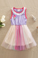 Colorful A-Line Mesh Linking Contrast Round Laced Neck Girl Dress for Casual Party