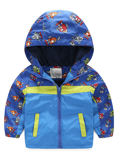 Blue Colorful Contrast Hooded Printed Two-Pockets Water-Proof Plus Cashmere Long Sleeve Boy Jacket for Casual