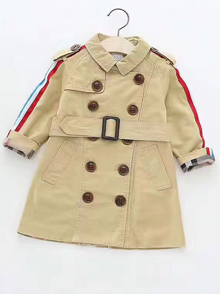 Beige Lapel Side Stripe Sleeve Decoration Buttons Girl Dress for Casual