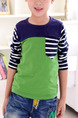 Green Blue and White Slim Round Neck Contrast Stripe Long Sleeve Boy Shirt for Casual