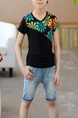 Black Colorful Slim V Neck Located Printing Boy Shirt for Casual