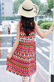 Red Colorful Loose Tassel Printed Above Knee Girl Dress for Casual Party