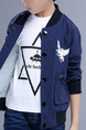 Blue and White Stand Collar Embroidery Pockets Single-Breasted Long Sleeve Boy Jacket for Casual