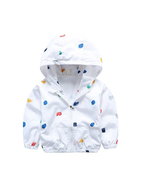 White Colorful Printed Hooded Zipper Pockets Long Sleeve Girl Jacket for Casual