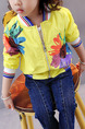 Yellow Colorful Stand Collar Contrast Stripe Located Printed Long Sleeve Girl Jacket for Casual