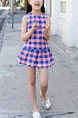 Blue and Pink Two-Piece Contrast Grid Zipper Back Adjustable Waist Wide-Leg Above Knee Girl Suit for Casual