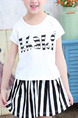 Black and White Two-Piece Round Neck Letter Printed Vertical Stripe Adjustable Waist  Girl Suit for Casual
