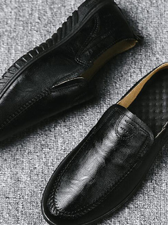 Black Leather Round Toe Slip On Men Shoes