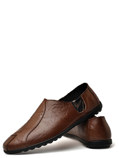 Brown Leather Round Toe Slip On Men Shoes