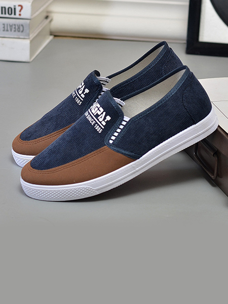 Blue Brown And White Canvas Round Toe Platform Slip On Rubber Shoes