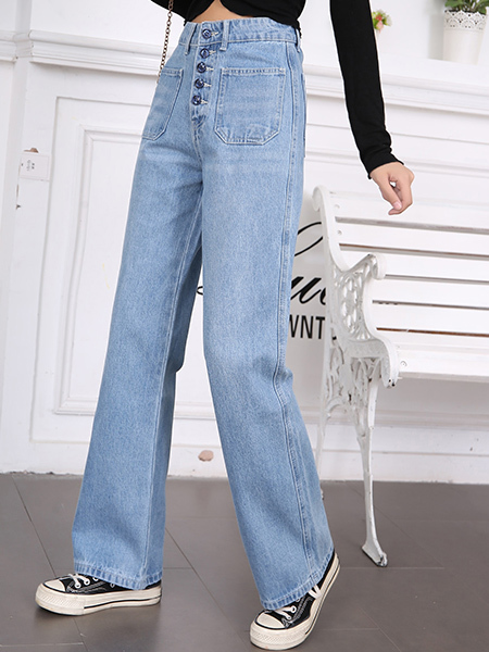 Blue Loose Button Pants for Casual