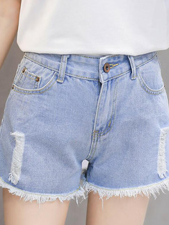 Light Blue Holes Edging Wide-Leg Shorts for Casual