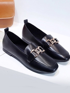 Black Leather Round Toe Slip On Low Heel Flats Shoes