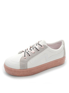 White and Pink Leather Round Toe Platform Lace Up Rubber Shoes