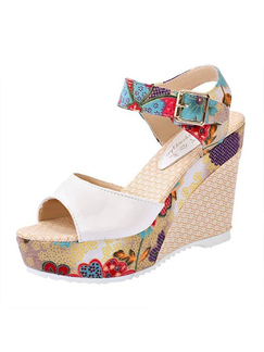 Colorful Leather Peep Toe Platform Ankle Strap Wedges