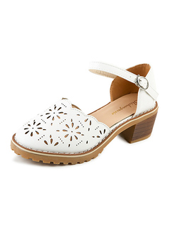 White Leather Round Toe Platform Perforated Ankle Strap Heels