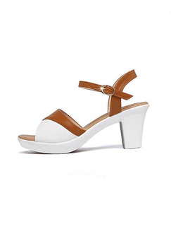 White and Brown Leather Peep Toe Platform Ankle Strap Heels