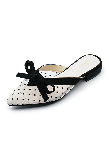White and Black Mesh Pointed Toe Platform Slide Sandals