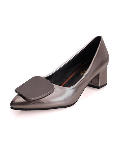 Gray Leather Pointed Toe Platform Chunky Heels