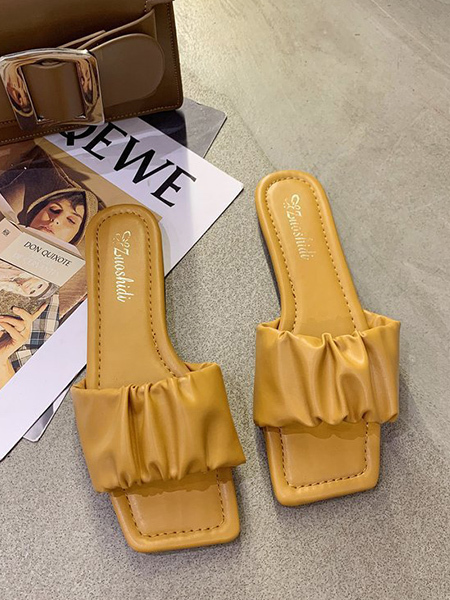 Mustard Leather Open Toe Platform Slip On Sandals