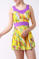 Yellow Colorful Two-Piece Plus Size Loose Contrast Linking Printed Flat Bottom  Polyester and Elasticity Swimwear