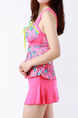Pink Colorful Two-Piece Loose Printed Ruffle Band Flat Bottom Open Back  Polyester and Elasticity Swimwear