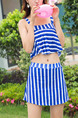 Blue and White Two-Piece Loose Contrast Stripe Sling Gather Flat Bottom Open Back Polyester and Elasticity Swimwear