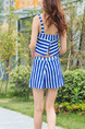 Blue and White Two-Piece Loose Contrast Stripe Sling Gather Flat Bottom Open Back Polyester and Elasticity Swimwear