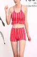Red Three-Piece Slim Sling Contrast Printed Flat Bottom Ruffle Furcal Band Polyester Swimwear
