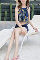 Navy Blue and Colorful Slim Printed Three-Piece Polyester and Elasticity Swimwear Sleeveless