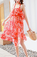 Red and Colorful Loose Printed Three-Piece Polyester Swimwear Sleeveless