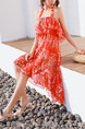 Red and Colorful Loose Printed Three-Piece Polyester Swimwear Sleeveless