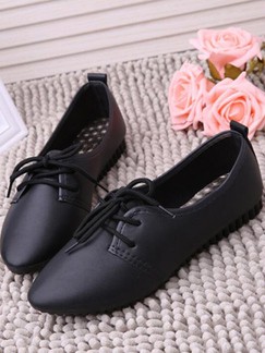 Black Leather Pointed Toe Platform 2cm Lace Up Leather Shoes for Casual