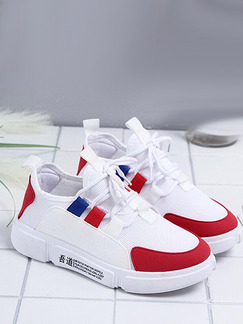White Red and Blue Mesh Fabric Round Toe Platform 4.5cm Lace Up Rubber Shoes for Casual Sporty