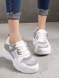 White and Grey Leather and Mesh Round Toe Platform 4.5cm Lace Up Rubber Shoes for Casual