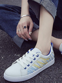 White and Blue Gold Leather Round Toe Platform 2.5cm Lace Up Rubber Shoes for Casual Sporty