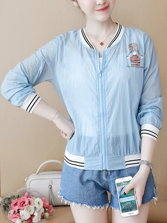 Blue Loose Contrast Linking Ribbed See-Through Located Printing Long Sleeve Top for Casual