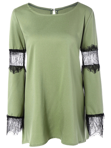 Green Loose Plus Size Contrast Linking Lace Asymmetrical Hem Long Sleeve Top for Casual Party Evening